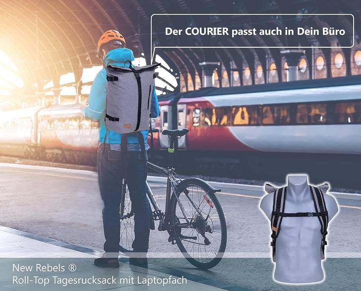 New Rebels Rucksack COURIER A4 Roll Up Kurierrucksack + Flasche (Grau), Grau
