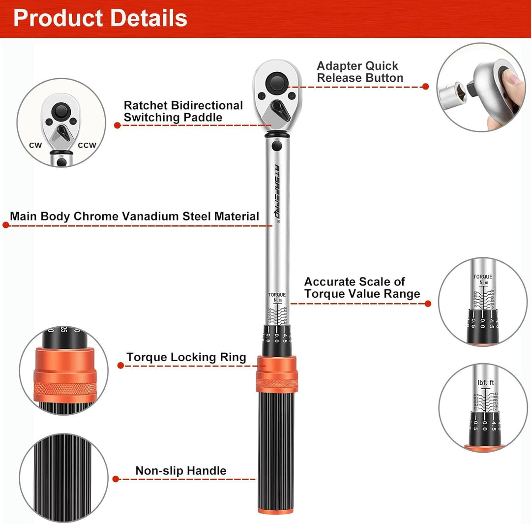 ATsafepro Drehmomentschlüssel Auto 3/8" 10-60Nm, Motorrad & Fahrrad Drehmomentschlüssel Set,Zündkerz