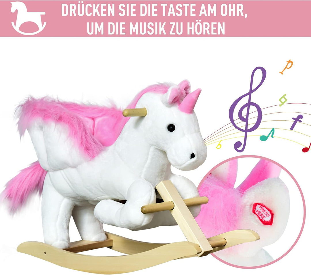 HOMCOM Schaukeltier Schaukeleinhorn mit Soundfunktion, Holzkufen und Griffen, Baby Schaukeltier mit
