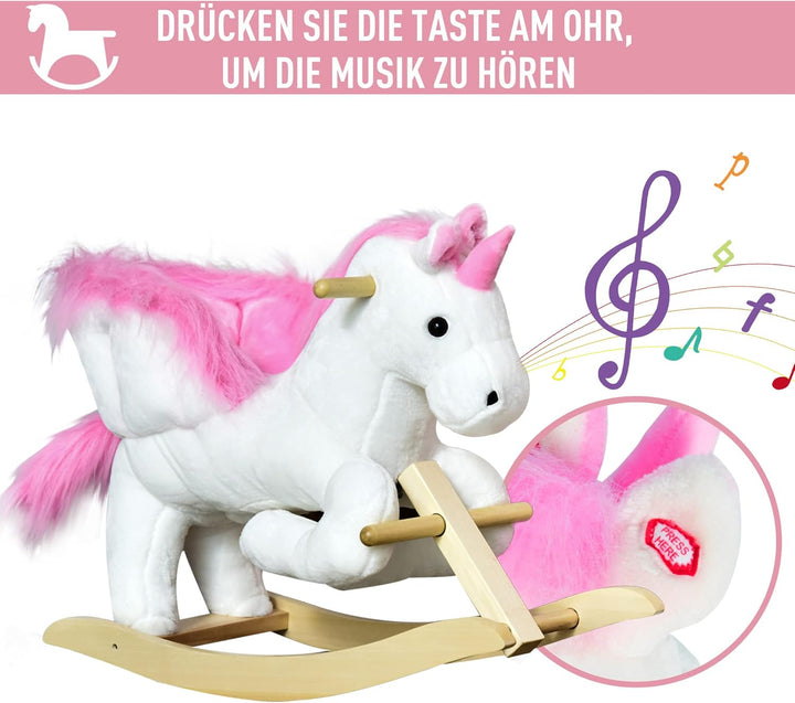 HOMCOM Schaukeltier Schaukeleinhorn mit Soundfunktion, Holzkufen und Griffen, Baby Schaukeltier mit