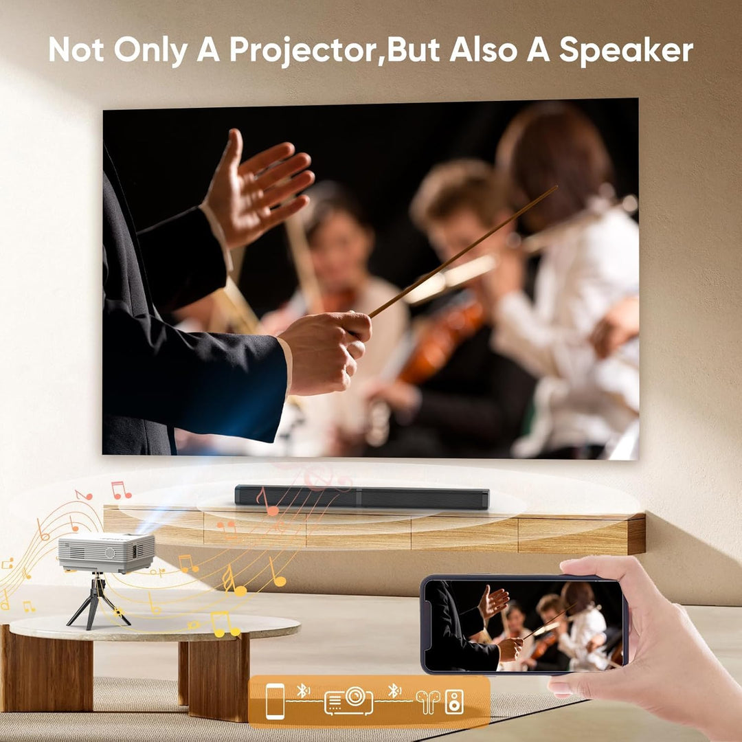 Mini Beamer mit Bluetooth, AKATUO Mini Projektor Full HD 1080P, 200” Display Tragbar LCD Heimkino/Ou