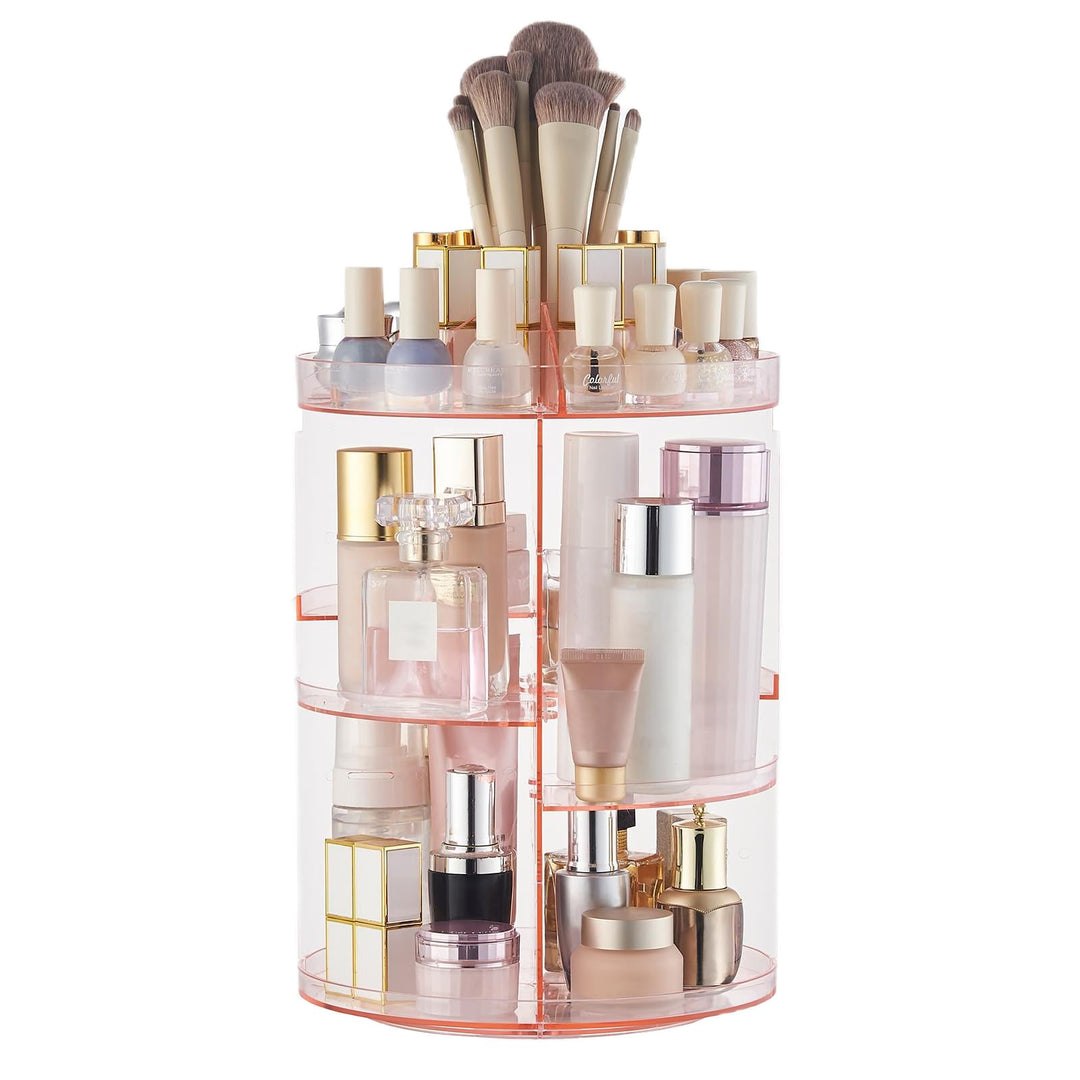 SUNFICON Rotating Makeup Organiser Pink Cosmetic Holder 360 Degree Spining Makeup Storage Box Displa