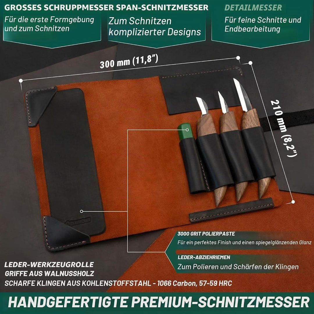 BeaverCraft Deluxe S15X Holzschnitzmesser-Set mit Ledertasche – Holzschnitz-Set Premium-Holzschnitzw