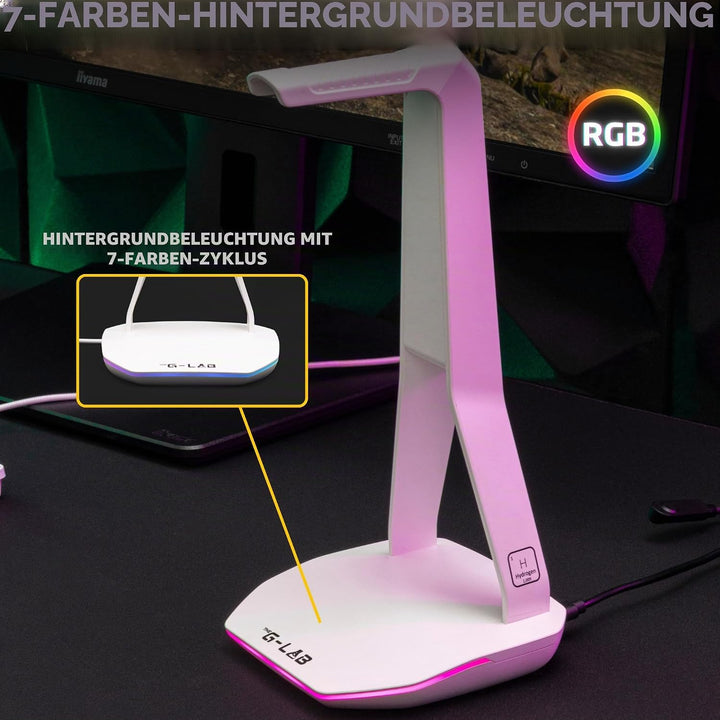 The G-lab – K-Stand Hydrogen – Gaming Kopfhörer Ständer – RGB mit 7 Farben, EIN/Aus-Schalter, 2X USB
