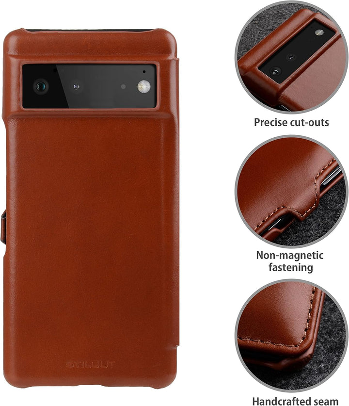 STILGUT Book Case kompatibel mit Google Pixel 6 Hülle aus Leder mit Clip-Verschluss, Lederhülle, Kla