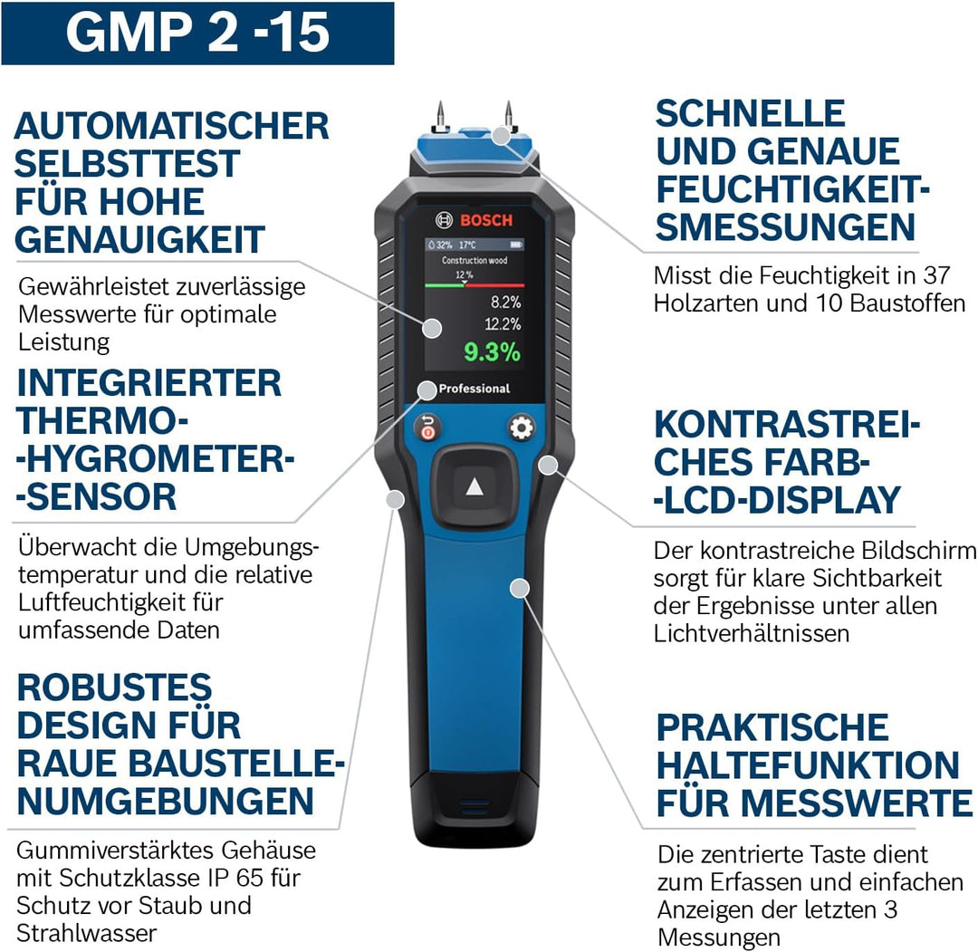 Bosch Professional Pin-Feuchtemessgerät GMP 2-15 (misst 37 Holzarten und 10 Baustoffe, integriertes
