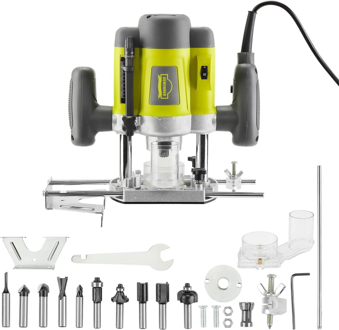 DEWINNER Elektronik Oberfräse Fräser 1200W,Ø 6 und 8 mm,Drehzahlregelung, Parallelanschlag, Absaugad