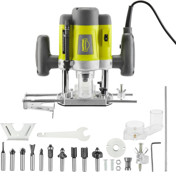 DEWINNER Elektronik Oberfräse Fräser 1200W,Ø 6 und 8 mm,Drehzahlregelung, Parallelanschlag, Absaugad