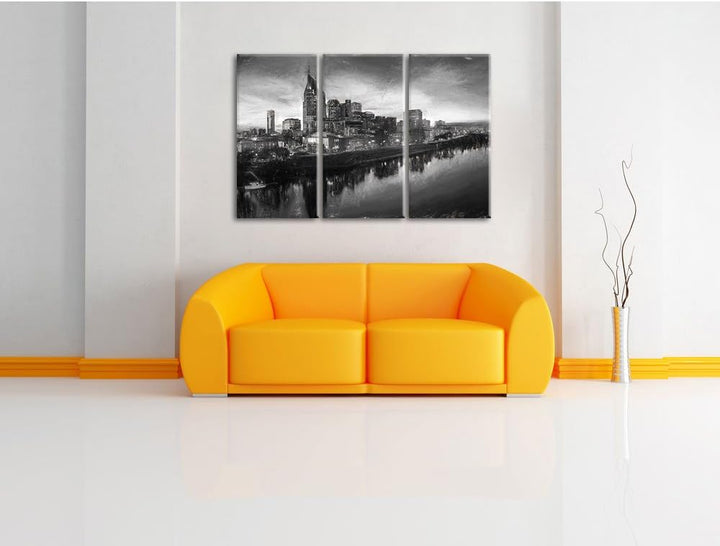 Pixxprint Nashville Skyline Panorama Kunst Kohle Effekt 3-Teiler Leinwandbild 120x80 Bild auf Leinwa