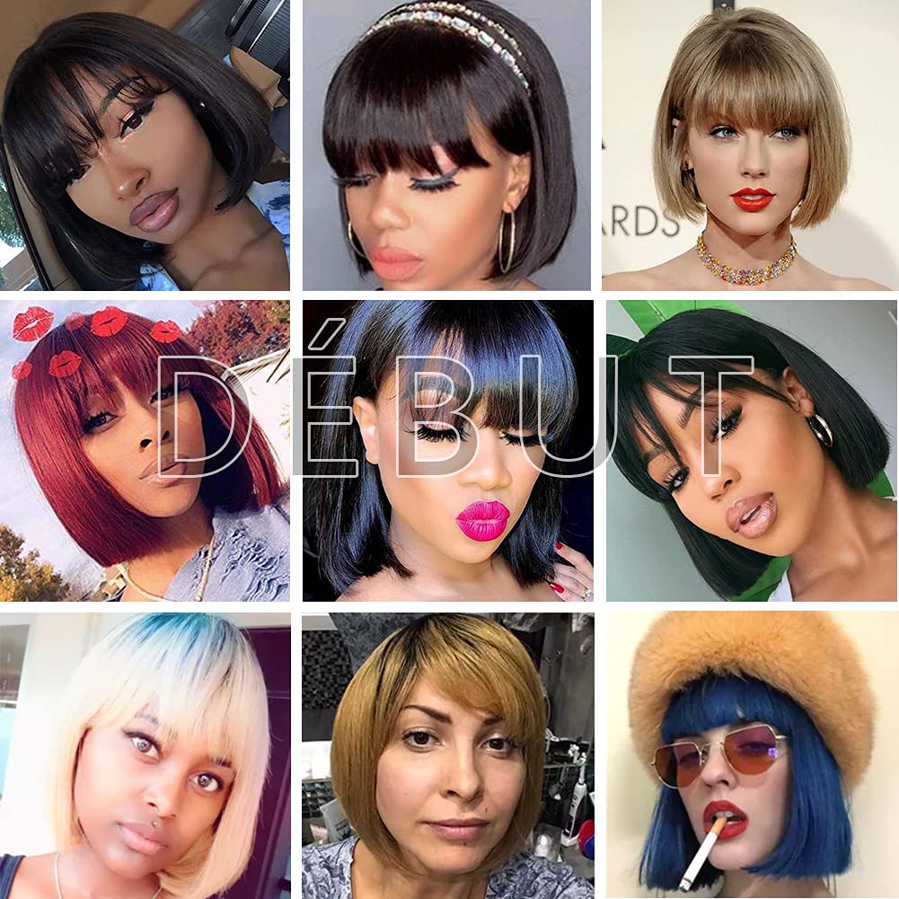 DÉBUT Echthaar Perücke mit Pony kurz Perücke Bob Pixie 10A brasilianisches Virgin Remy Hair 25 cm 10