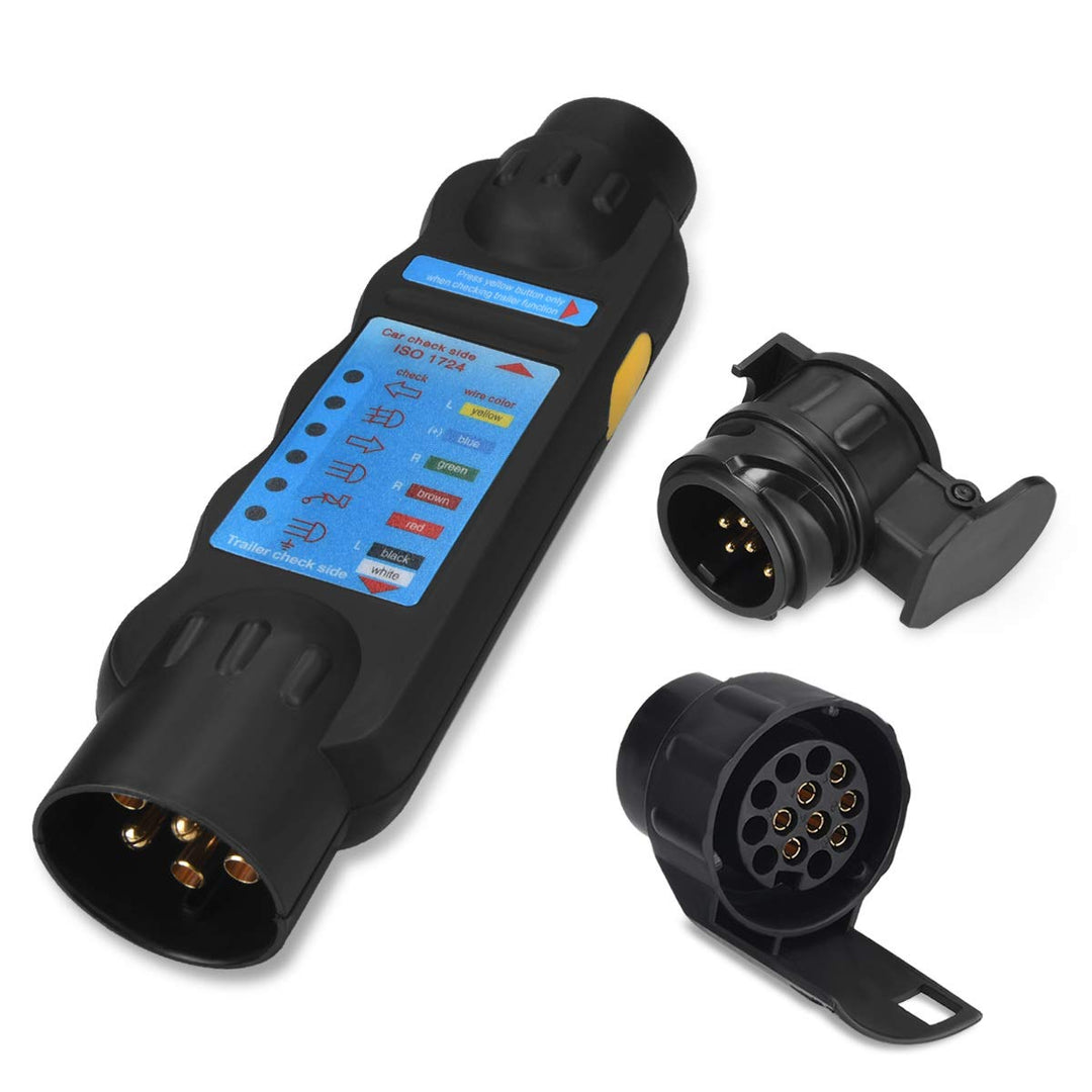 Navaris 7 Pin Anhänger Tester Prüfgerät - mit 13 zu 7 Pol und 7 zu 13 Pol Adapter - Anhängersteckdos