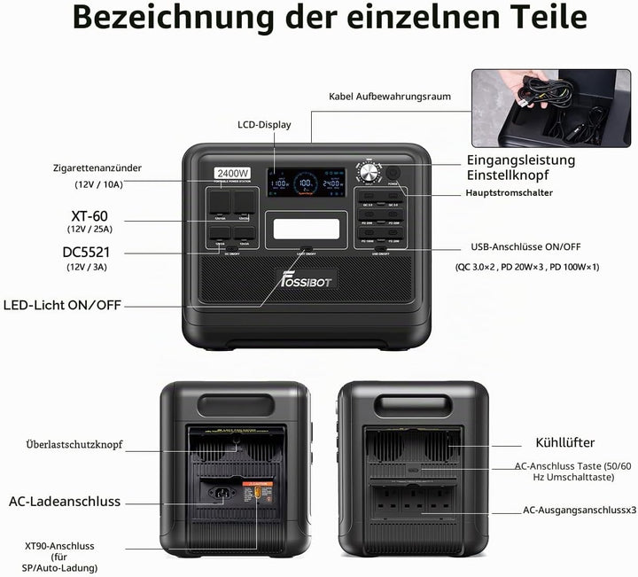 FOSSiBOT F2400 Powerstation mit 200W Solarpanel, Solargenerator 2048Wh LiFePO4 Batterie 230V 2400W 3