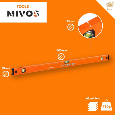 MIVOS - Aluminium Wasserwaage 100cm mit Spiegel-Funktion - 3 präzise Libellen - Wasserwaage mit erhö