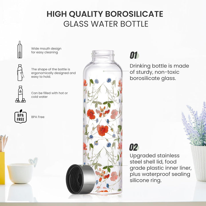 1 liter Glasflasche Trinkflasche Glas Sport Borosilikat Glass Bottle Wasser Flasche mit Neopren-Hüll
