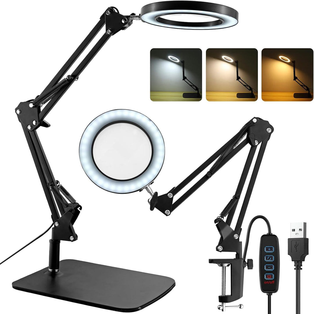YGiTK 2-in-1 Vergrösserung Schrebtischlampe, 8X Lupe zum Lesen mit grossem Sockel/Klemme, LED Lupenl