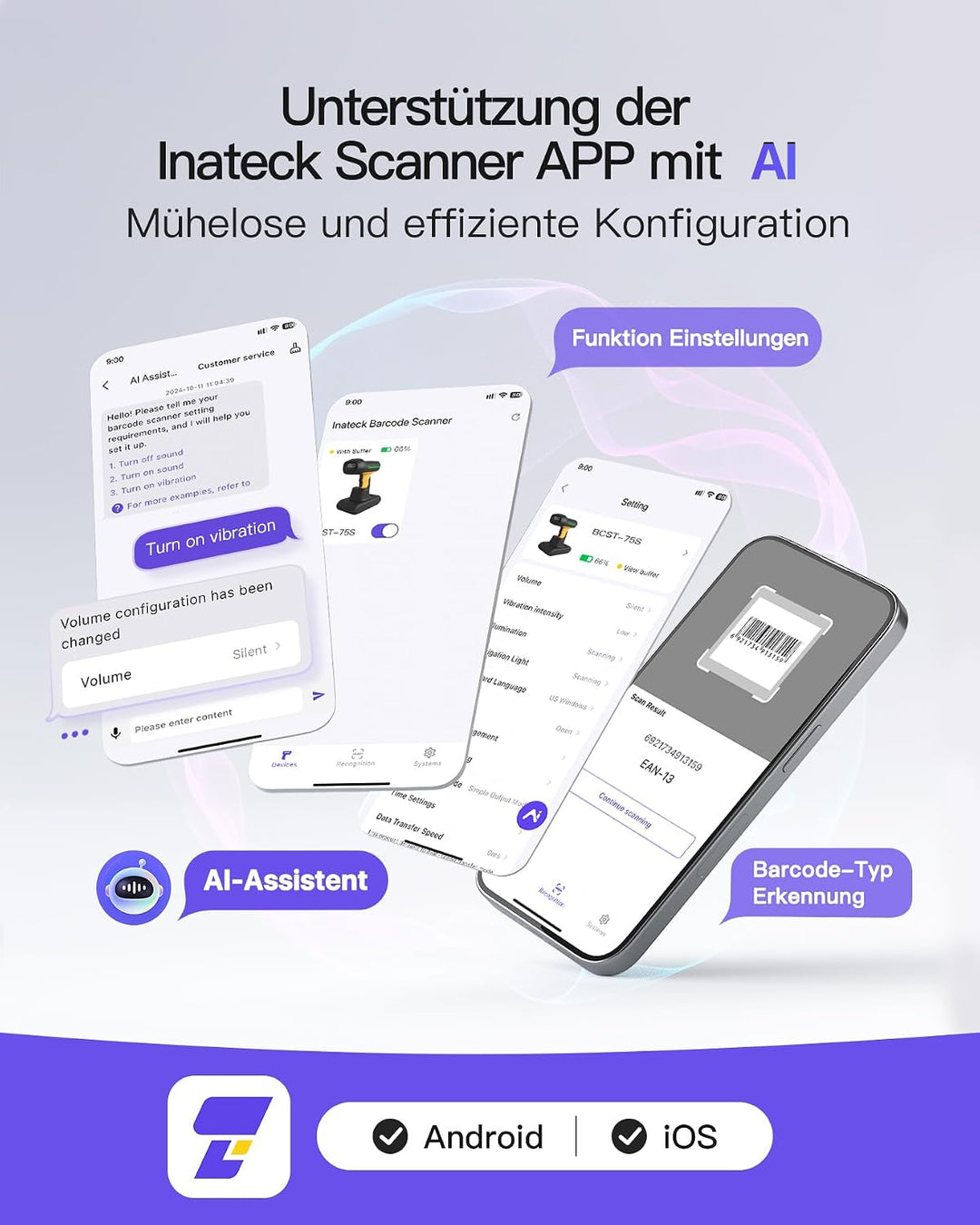 Inateck IP67 Barcode Scanner Kabellos 2D QR Code, mit Ladestation, BCST-75S 2D with Smart Base, 2D w