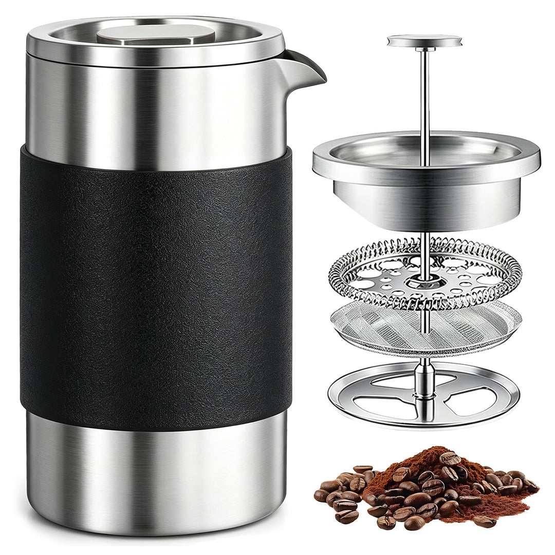 BORDEAG French Press Edelstahl, 304 Edelstahl Kaffeepresse doppelwandig isoliert, Travel Press Kaffe