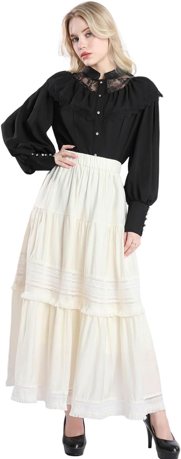 Fiamll Damen Viktorianisch Bluse Vintage Schleifenhemd Stehkragen mit Rüschen Langarmshirt Mittelalt
