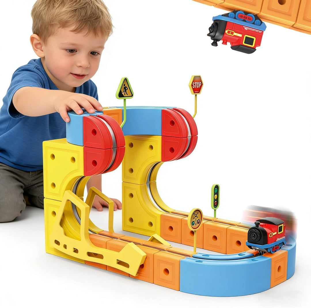 Felly Electric Train Set für Kinder, 3D-eingebetteten Layouts, Flexible Rennbahn Cube Track, DIY Zug