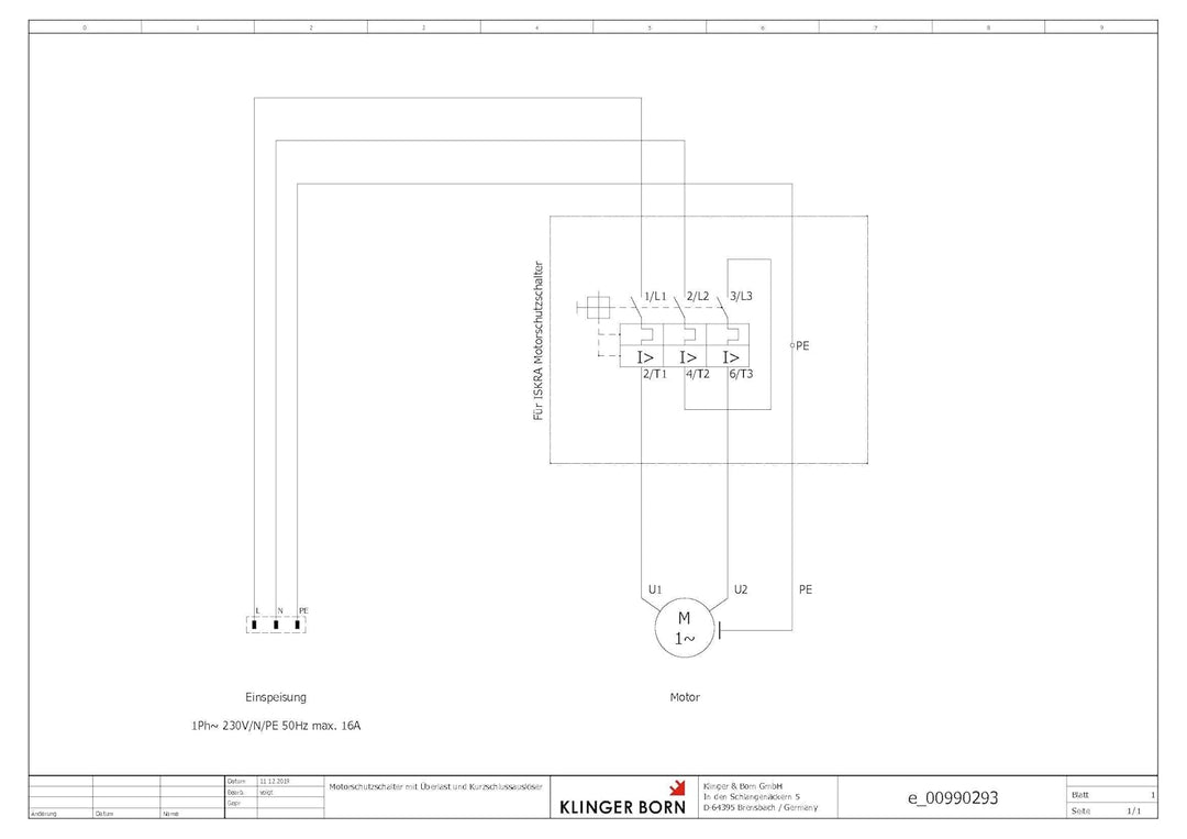 KlingerBorn Motorschutzschalter ISKRA MS25 0,1-0,16A in Gehäuse mit CEE-Kragenstecker 2P+E CEE-Krage