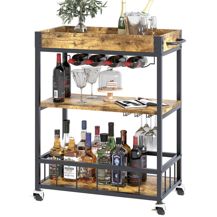Servierwagen, Küchenwagen, Barwagen mit Rollen, Weinwagen mit Flaschenhalter, 3 Etagen, Getränkewage