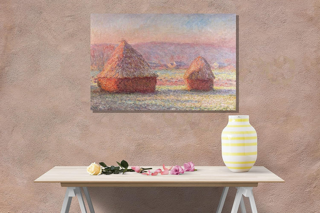 Claude Monet Leinwanddruck, Motiv Grainstacks, weisser Frost-Effekt, gespannt, gerahmt, Wandkunst, P