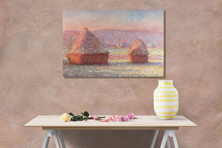 Claude Monet Leinwanddruck, Motiv Grainstacks, weisser Frost-Effekt, gespannt, gerahmt, Wandkunst, P