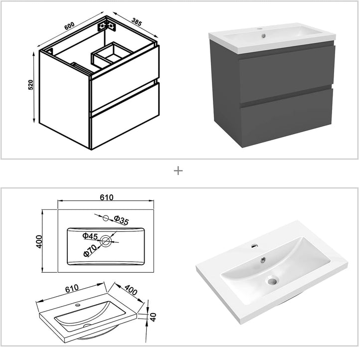 Waschtisch mit Unterschrank 60 cm Badmöbel Set mit Waschbecken Mineralguss Gäste WC Anthrazit Matt 6