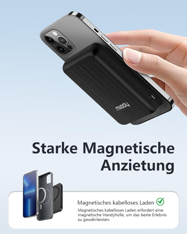 Miady Powerbank für Magsafe, 5000mAh 5W kabelloses magnetisches Laden & 12W USB-C Schnellladen, ultr