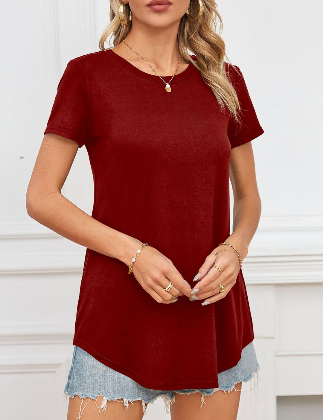 Beluring T-Shirt Damen Lässig Kurzarm/Langarm Oberteile Rundhals Longshirt M Stil A:rot, M Stil A:ro