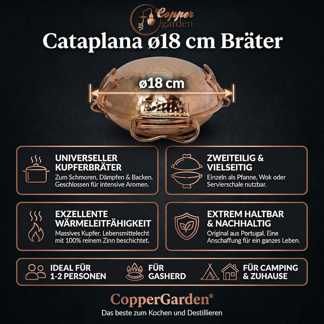 CopperGarden® Cataplana Bräter aus handverzinntem gehämmerten Kupfer mit ca 18 cm Durchmesser I Port