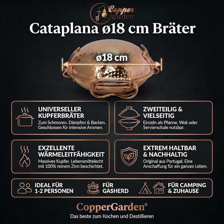 CopperGarden® Cataplana Bräter aus handverzinntem gehämmerten Kupfer mit ca 18 cm Durchmesser I Port