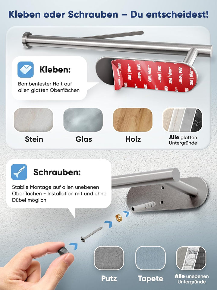WOHNHELD® Küchenrollenhalter ohne Bohren [Mit Abroll-Bremse] für einhändiges Abreissen - Edelstahl S