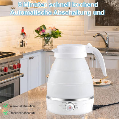 Wasserkocher Faltbar, 600ml Kleiner Reisewasserkocher, Camping Wasserkocher mit Edelstahlboden, 2 Fa