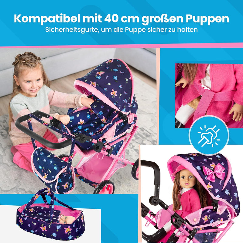 Kinderplay Puppenwagen ab 1 2 3 Jahre Kinderwagen Spielzeug - 3 in 1, Puppenwagen mit Herausnehmbare