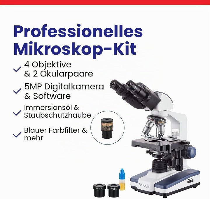 AmScope B120C-E5 40X-2500X LED Digitales Binokular-Verbundmikroskop mit 3D-Bühne und 5MP USB-Kamera