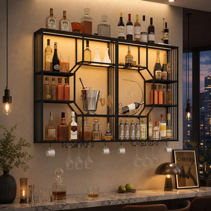 YOURLITE Weinregal Wand mit LED-Beleuchtung Metall,Bar Regal mit Glashalter,Wandmontage Wine Display