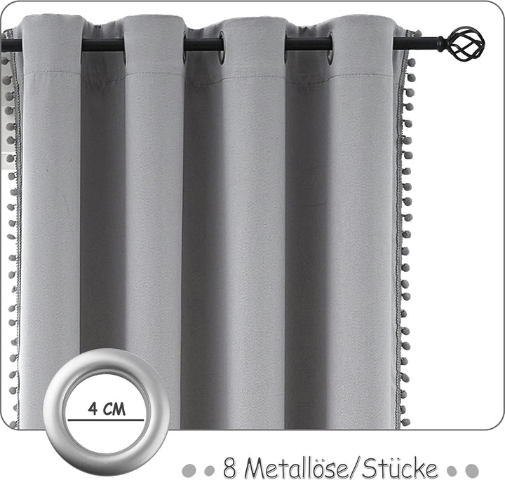 Treatmentex Blickdicht Vorhang mit Pompons Grau Vorhang mit Ösen Landhausstil Wärmeisoliert Thermovo