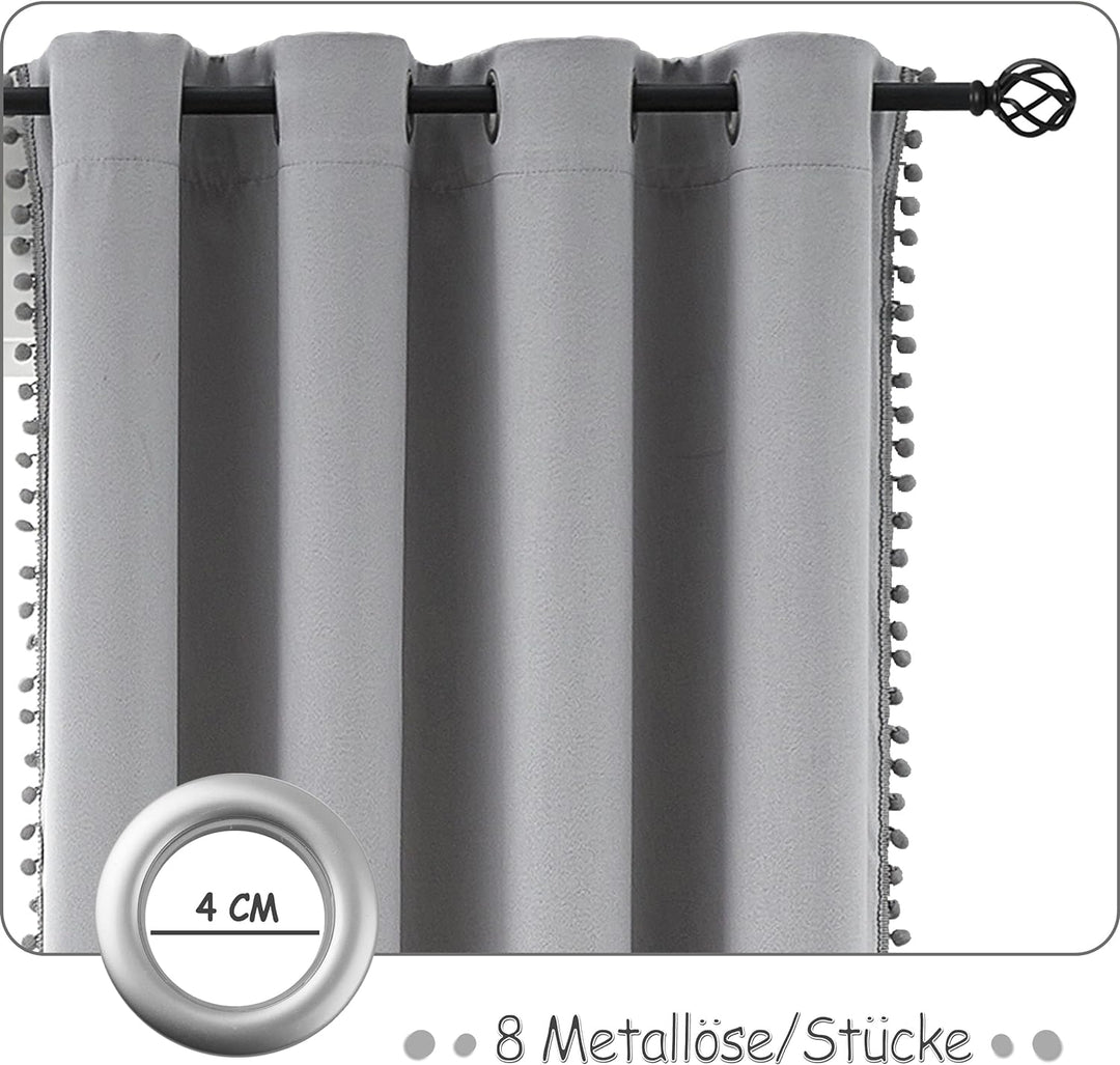 Treatmentex Blickdicht Vorhang mit Pompons Grau Vorhang mit Ösen Landhausstil Wärmeisoliert Thermovo