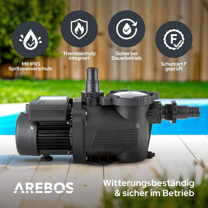 Arebos Schwimmbadpumpe 350W | Filterpumpe mit Vorfilter &amp; 9500 l/h | Poolpumpe für Sandfilteranlage