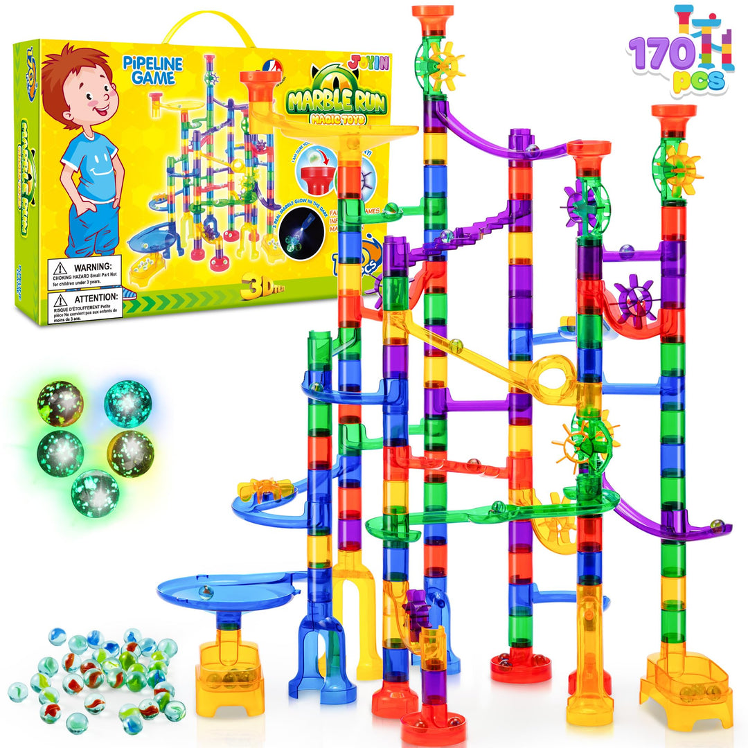JOYIN 170 Stück Mehrfarbige Murmelbahn Marble Run Set mit 120 Kunststoffteile 50 Glasmurmeln, Bauste
