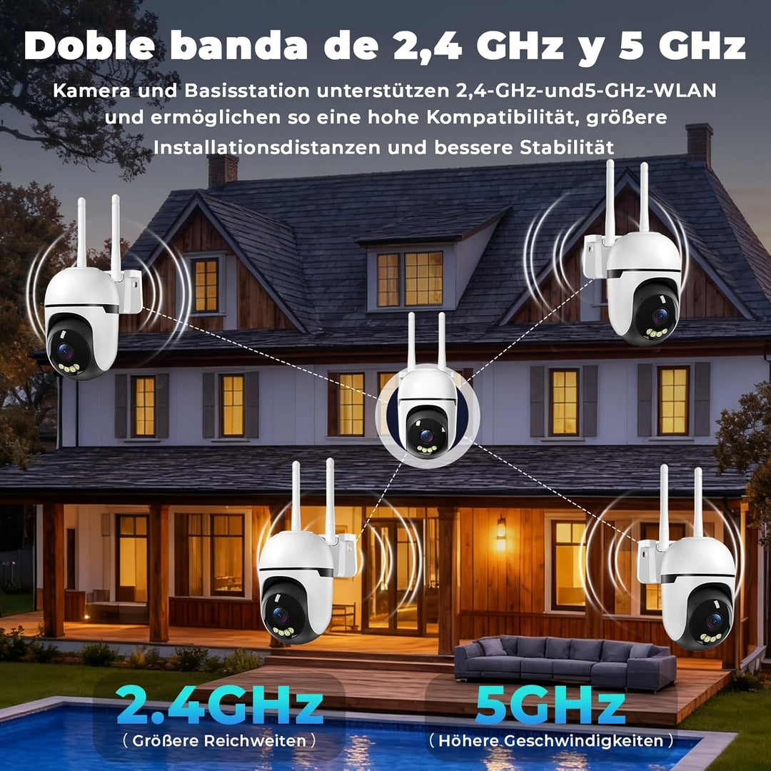 2K Überwachungskamera Aussen, WLAN 360° Kamera 3MP 2.4G & 5G WiFi mit Farbiger Nachsicht, IP66, Zwei
