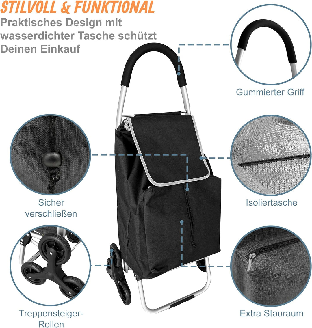 Relaxdays Einkaufstrolley Treppensteiger, Kühlfach, abnehmbare Tasche, 45 l, bis 35 kg, Einkaufswage