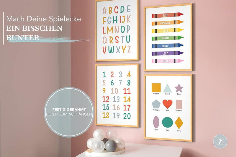 Papierschmiede® Kinderbilder 4er Set Lernposter, A4 gerahmt in Holzrahmen (Natur), Geschenk für Mädc