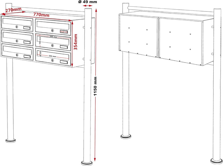 Wiltec 6er Briefkastenanlage Anthrazit 898 x 270 x 1150 mm, Standbriefkasten mit 2x3 Fächern, Schlüs