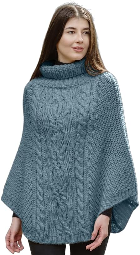 SAOL Damen Strickjacke aus 100% Merinowolle Zopfmuster Irische Aran Poncho Einheitsgrösse Skylight,