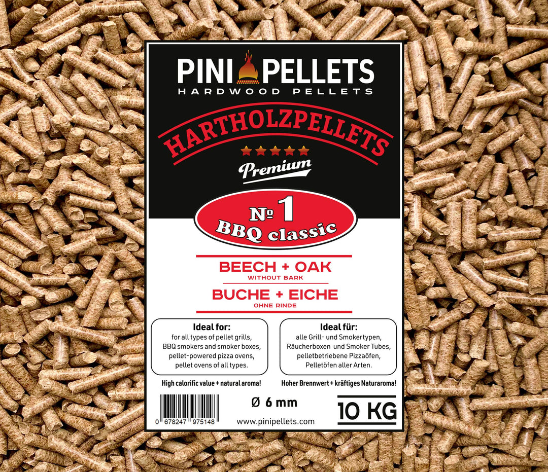 PINI Hartholz Pellets №1 BBQ Klassik 10 Kg Grillpellets zum Grillen Räuchern Smoken