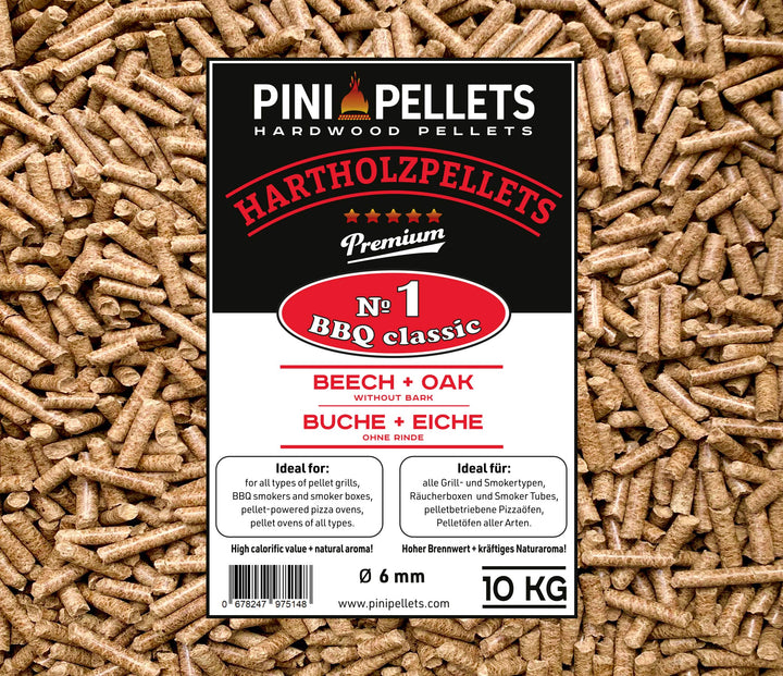 PINI Hartholz Pellets №1 BBQ Klassik 10 Kg Grillpellets zum Grillen Räuchern Smoken