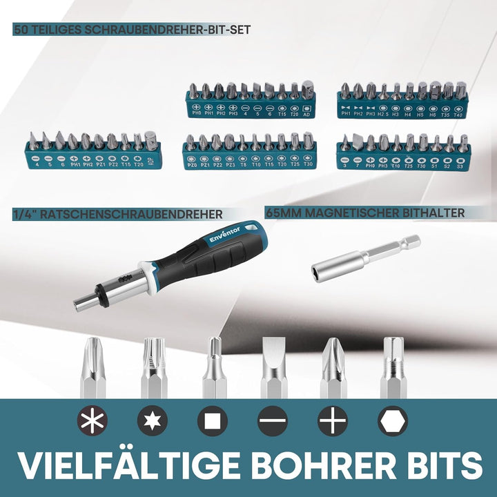 ENVENTOR Werkzeugkoffer Gefüllt 280 tlg - Haushalts Werkzeug-Set mit Schraubendreher Set, Hammer, Za