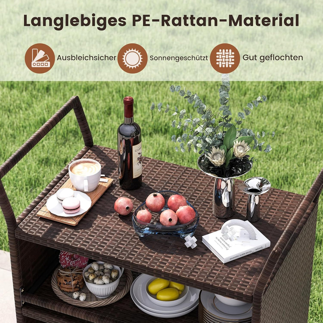 COSTWAY Servierwagen Rattan, Küchenwagen mit 3 Ablagen & Rollen & Seitengriffen, Grillwagen Grilltis